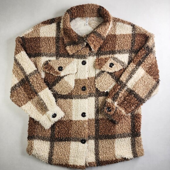 Zenana Outfitters Sweaters - Zenana Sherpa Shacket Size S Brown Tan Beige Block Plaid Side Front Pockets Fall